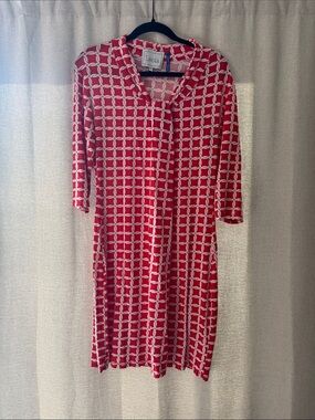 Leota Red and Cream Geometric Knee Length Shift Dress Size Medium
